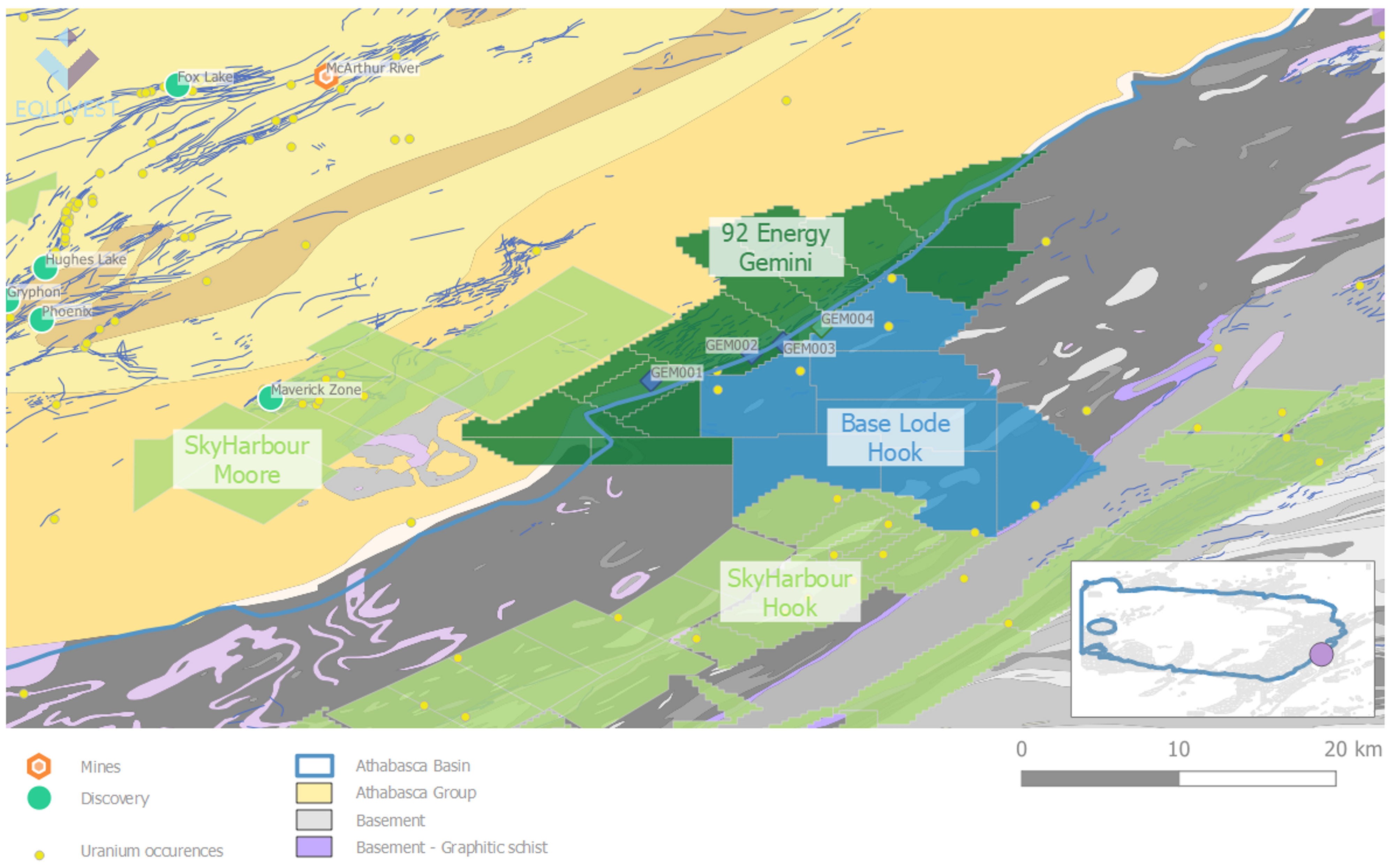 Map of south-east Athabasca basin showing most active explorers in 2021.