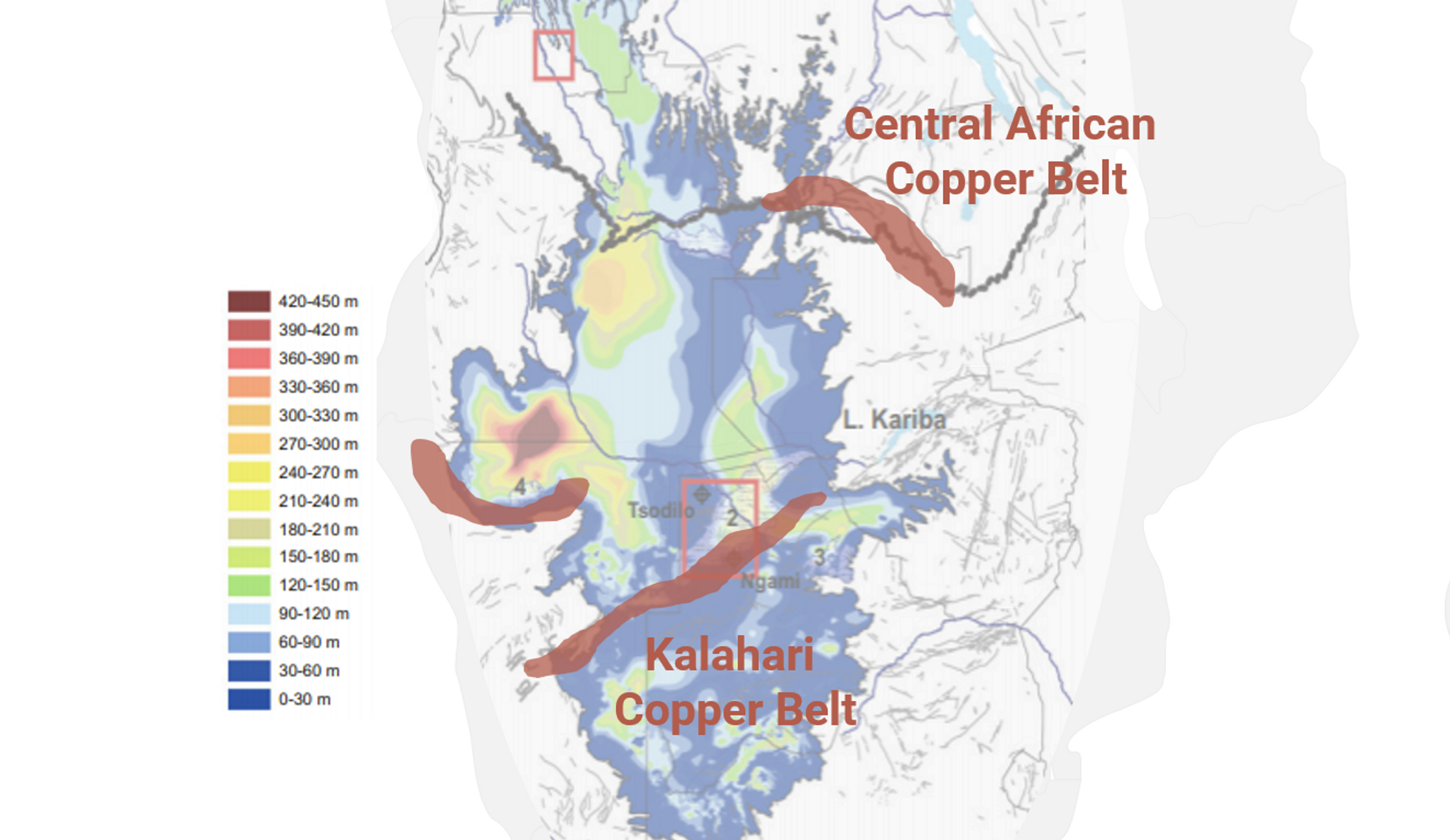 Fig. 4 Thickness of cover of Kalahari desert sediments.